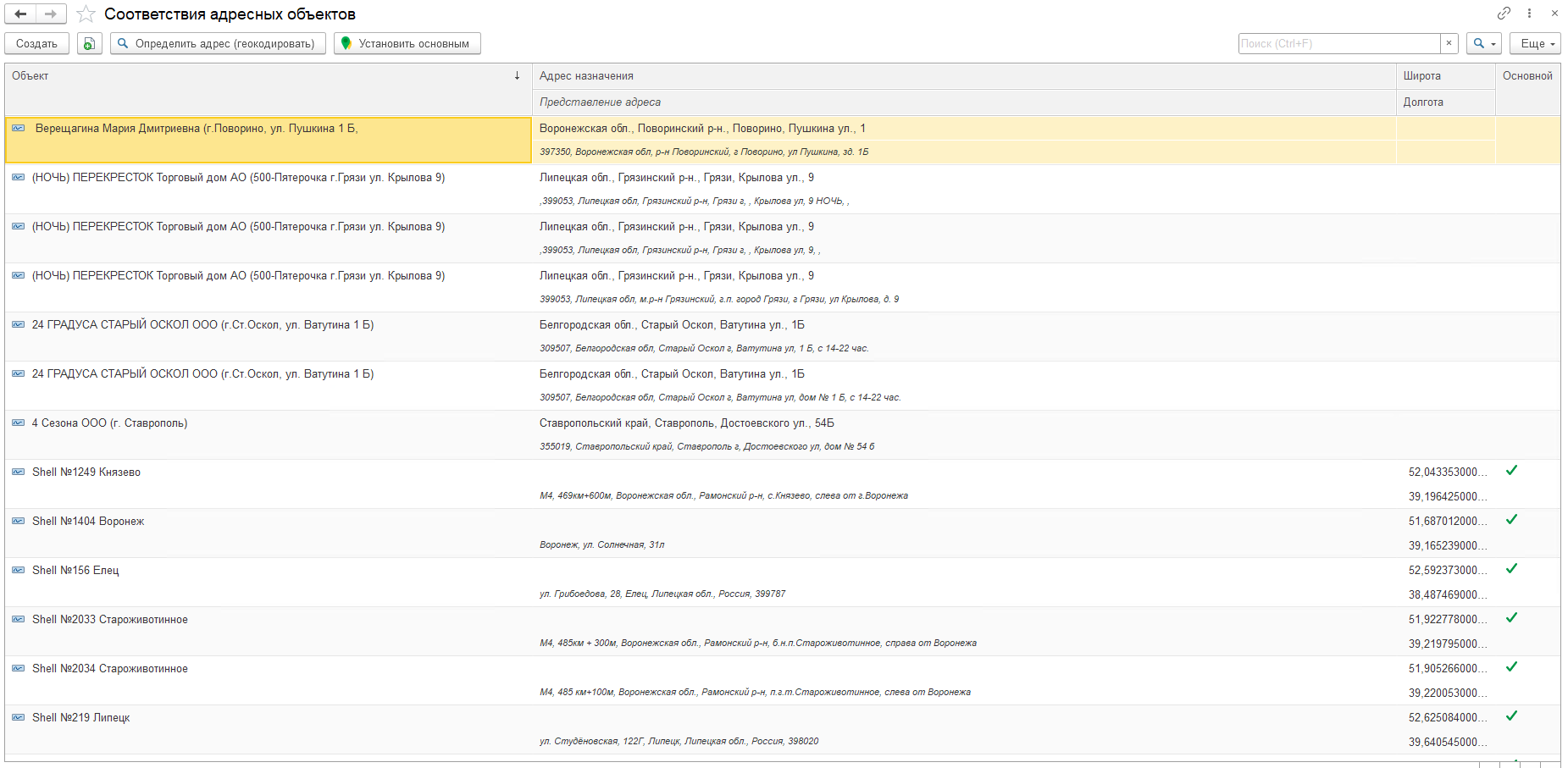 Соответствие адресных объектов