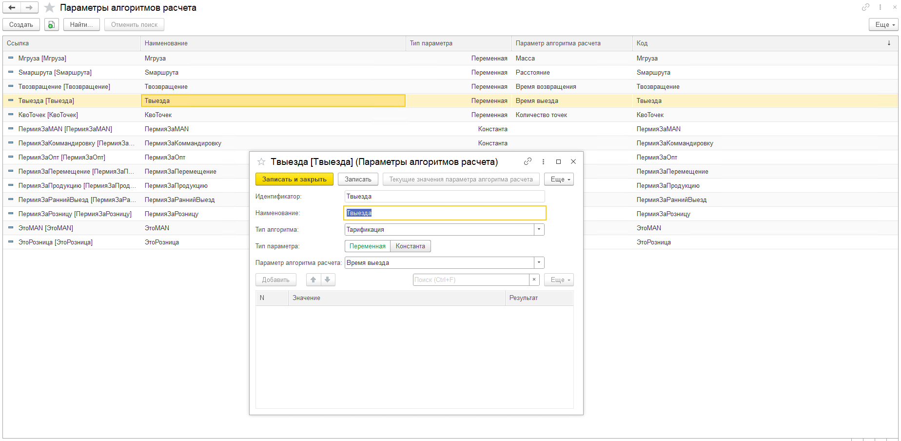 Параметры алгоритмов расчета