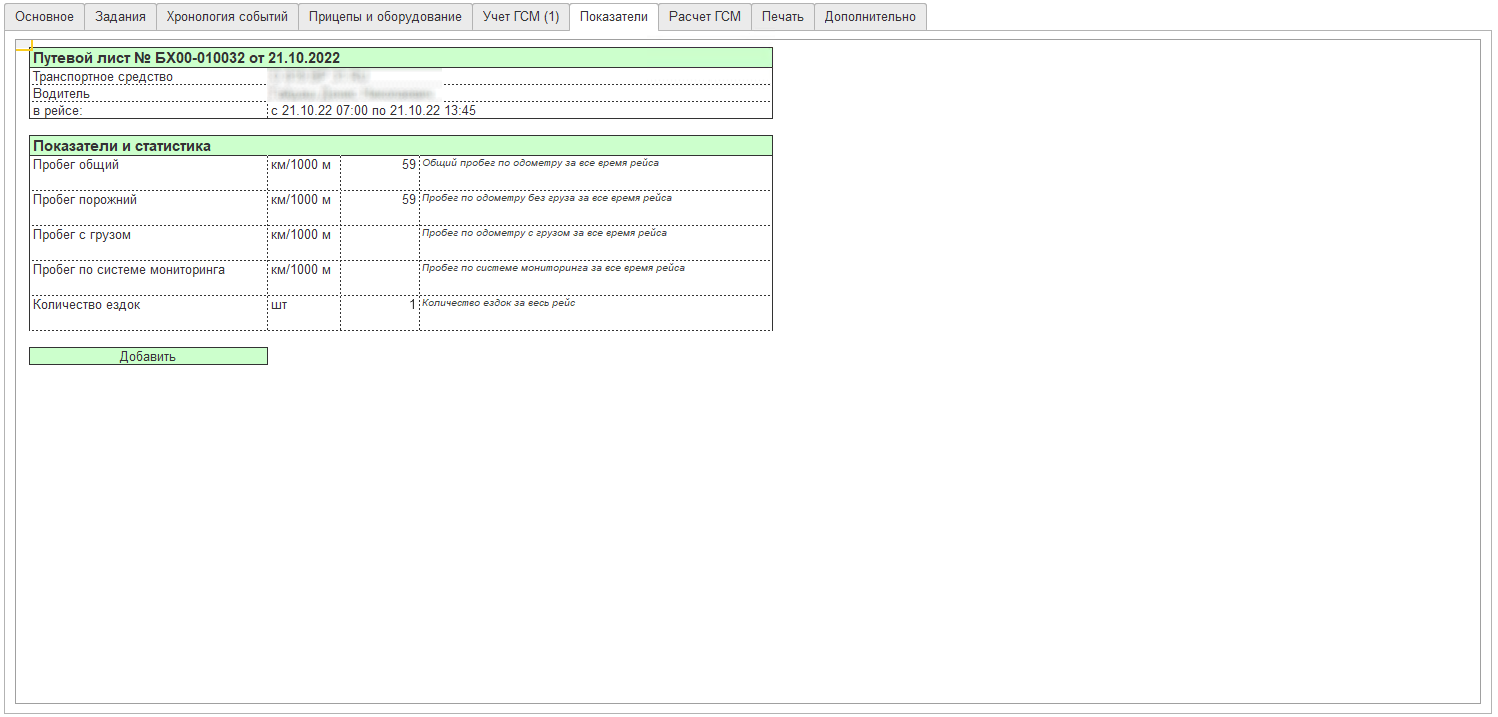 Закладка Показатели